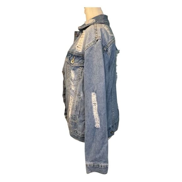 Cherry Koko Destroyed Denim Trucker Jean Jacket Distressed Blue Medium Wash M - Picture 3 of 6